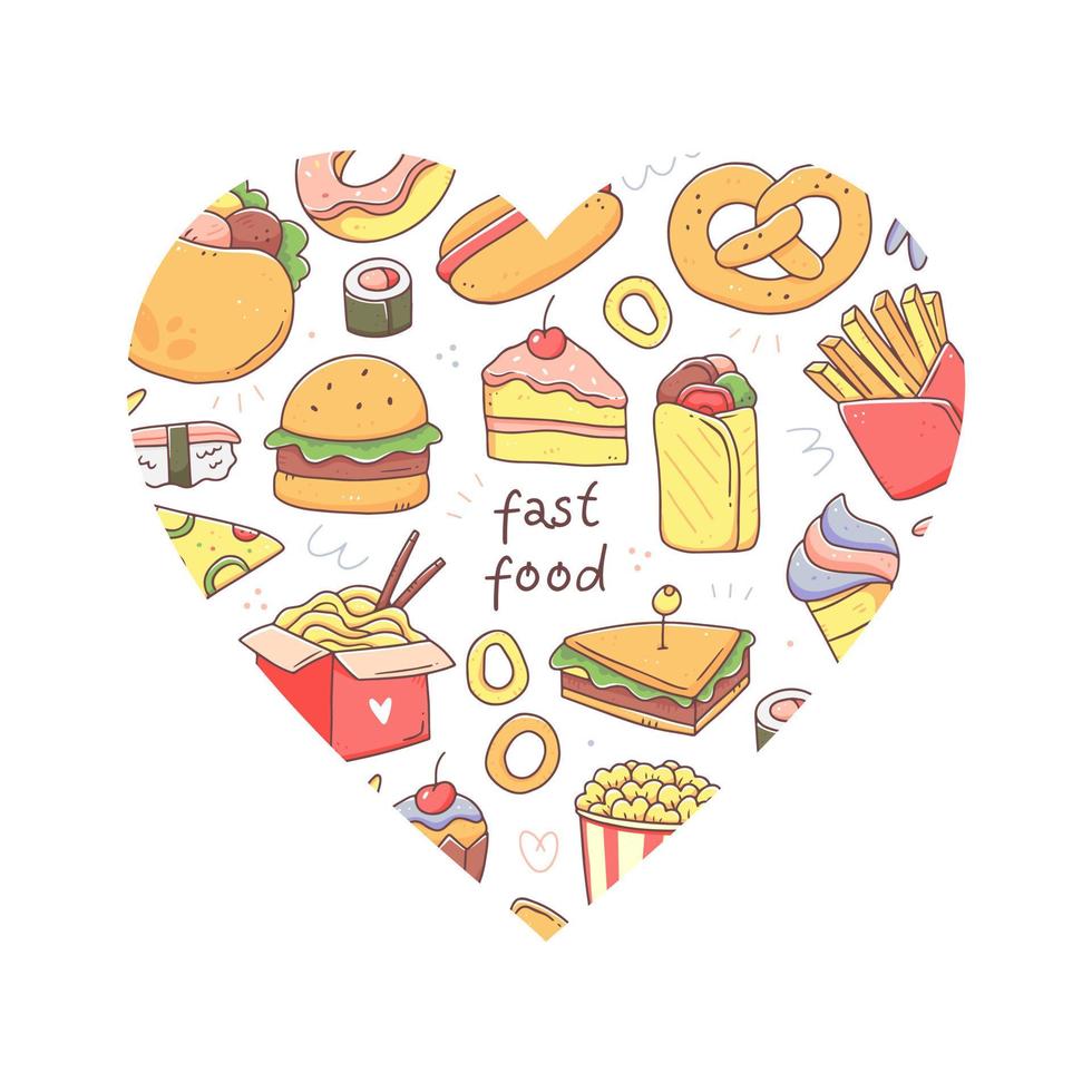 forma de coração com texto de fast food e fast food. ilustração em vetor isolado junk food conceito.