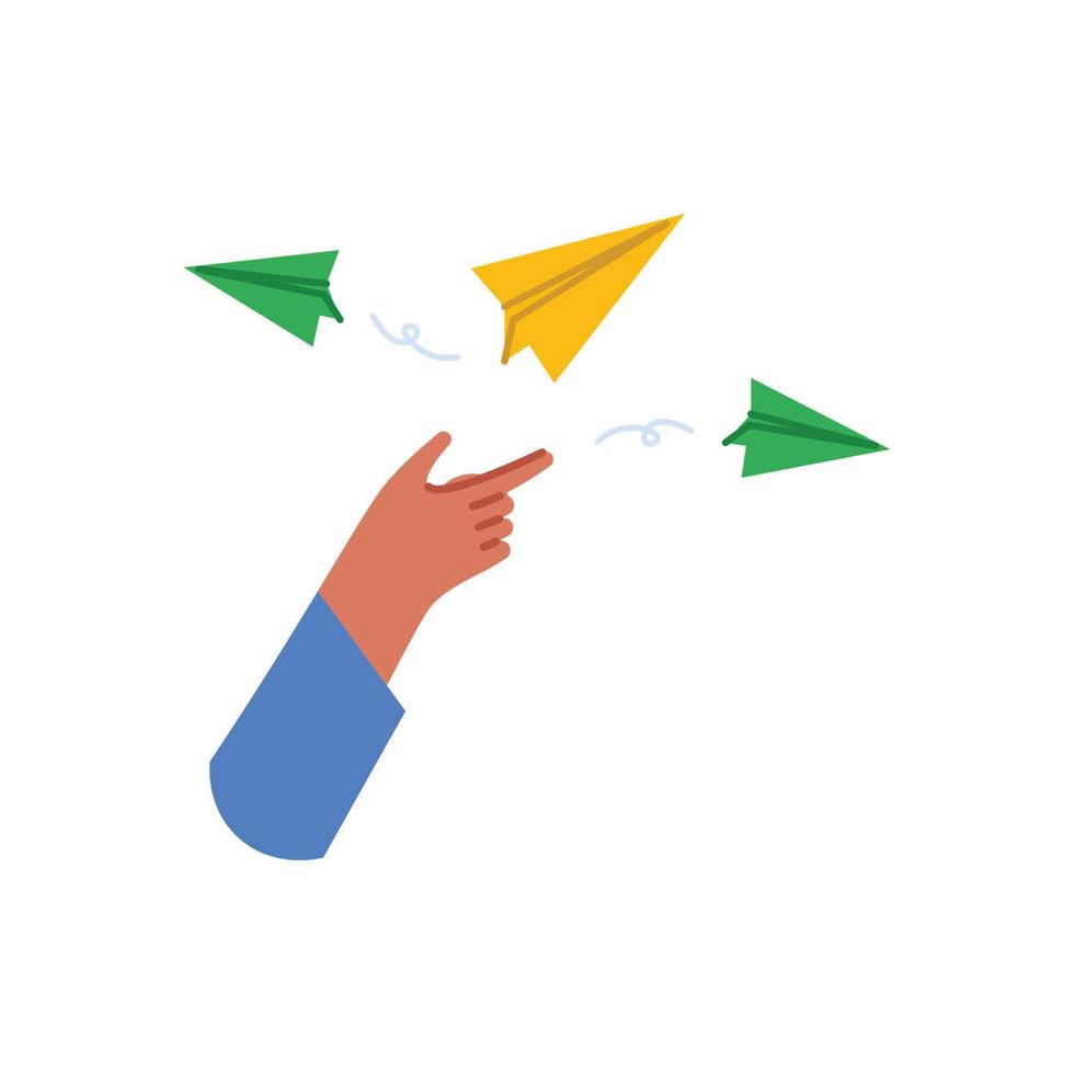 mão levante avião de papel para marketing digital vetor