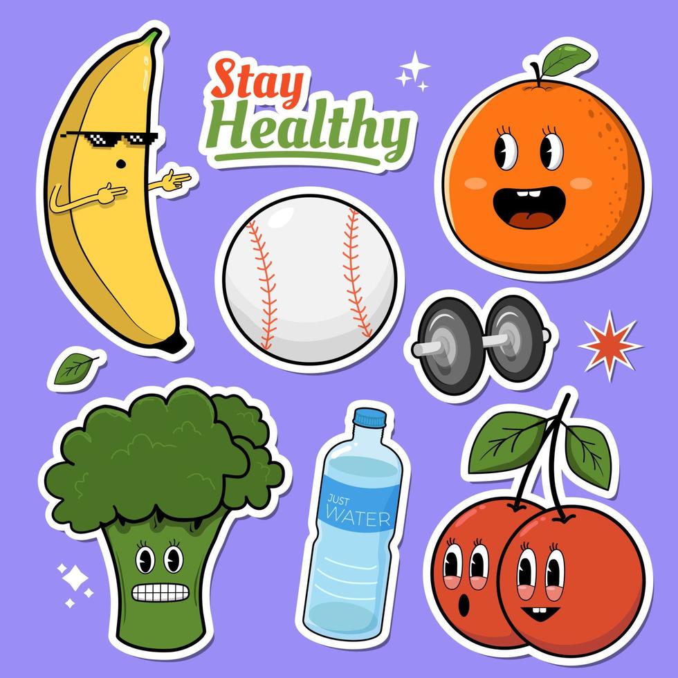 adesivo de doodle colorido, adesivo de doodle de comida saudável, personagem, adesivo vintage, frutas, vegan vetor