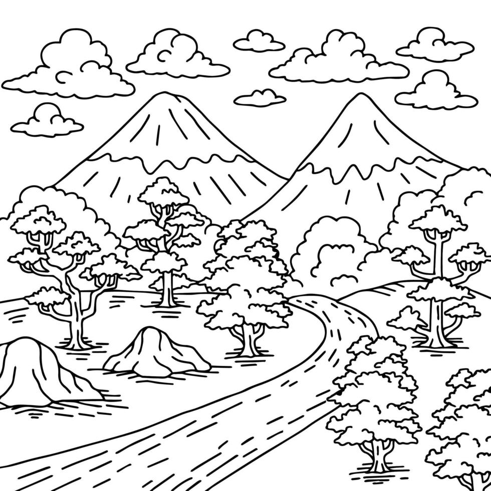 desenho de impressão natureza paisagem contorno para colorir vetor