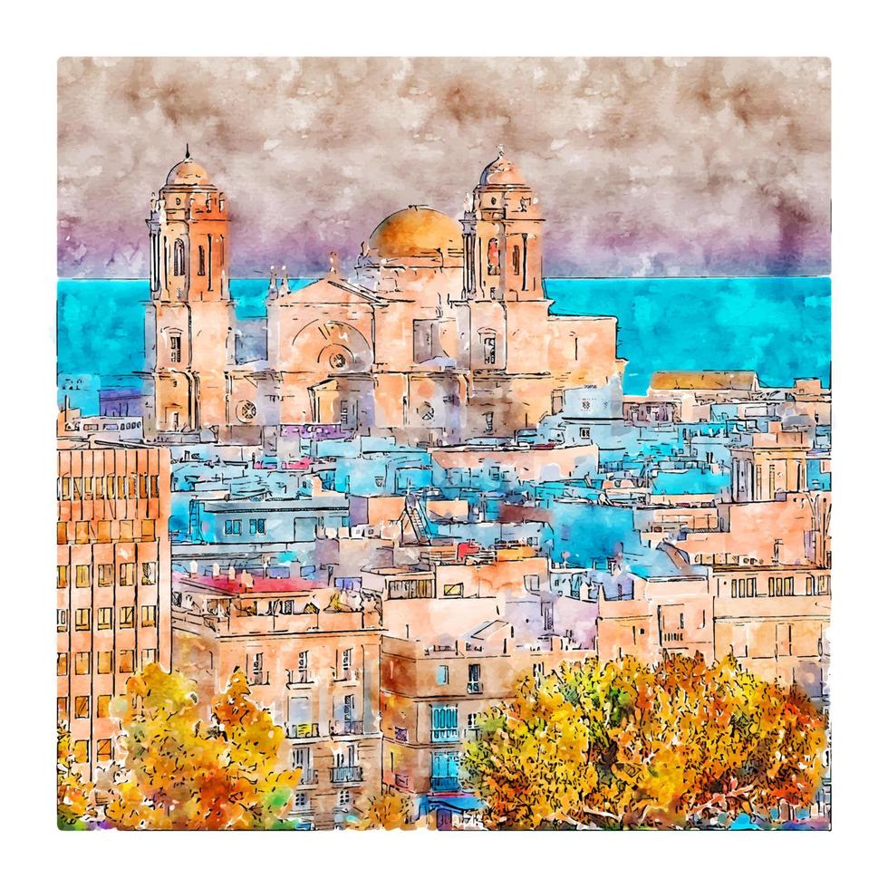 cádiz espanha esboço em aquarela ilustração desenhada à mão vetor