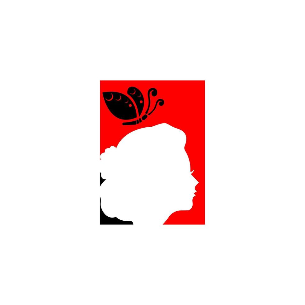 silhueta de rosto de mulher em um logotipo de ícone de borboleta preta vetor
