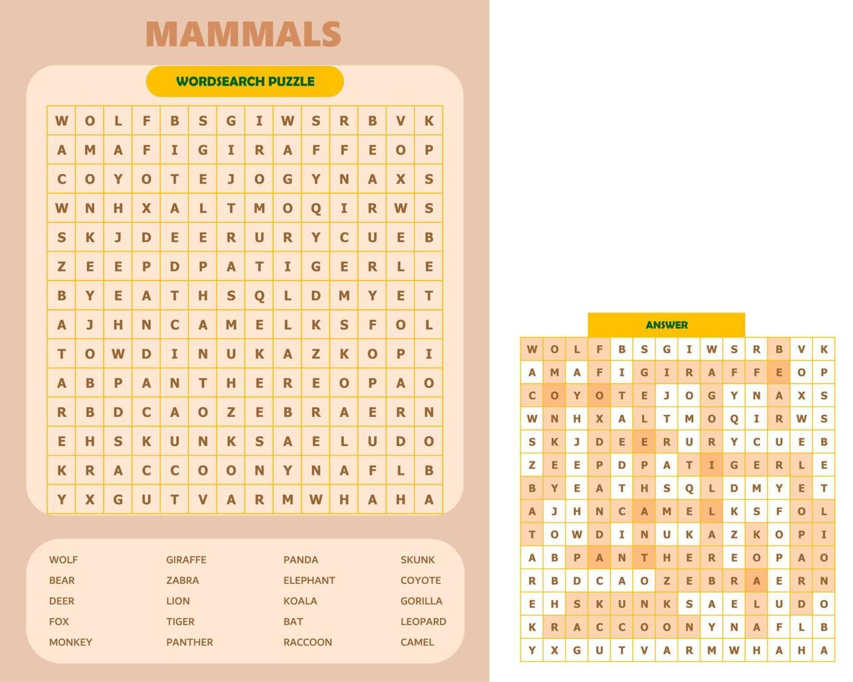 quebra-cabeça de caça-palavras para impressão. planilha de vocabulário divertido para aprender palavras em inglês. encontrar palavras escondidas. cartão de festa. jogo educativo para crianças e adultos. tema mamíferos. vetor