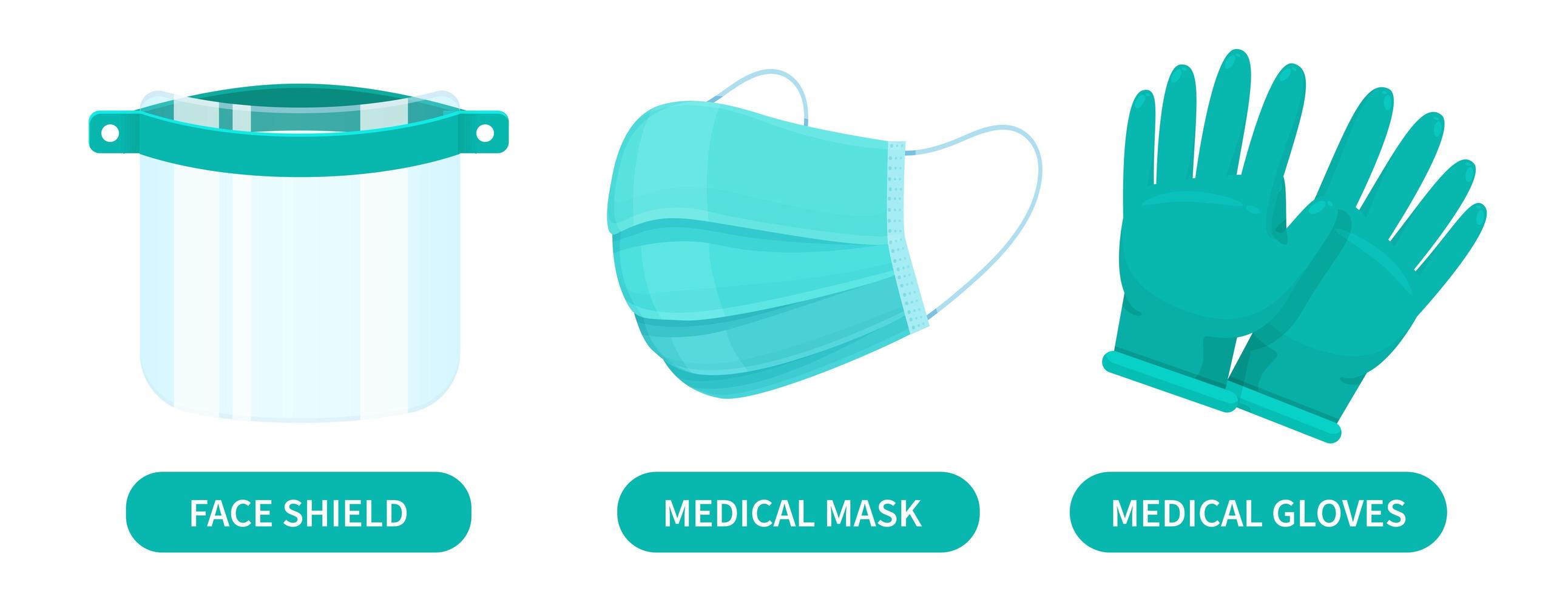 escudo facial, máscara médica e luvas de borracha vetor