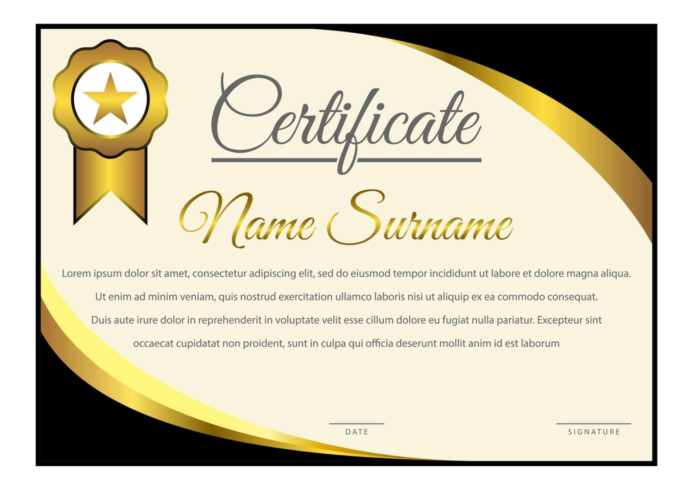 certificado de canto curvo gradiente preto e amarelo horizontal vetor