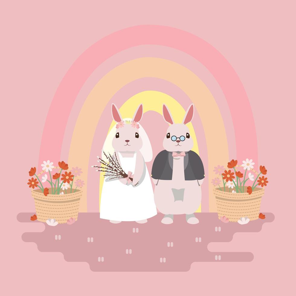 design de casamento casal coelho com arco-íris e flores vetor