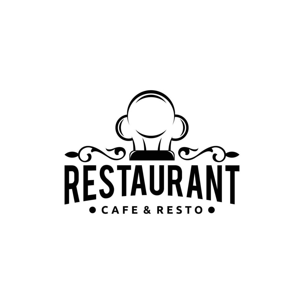 design de logotipo de restaurante com gravura e chapéu de chef vetor