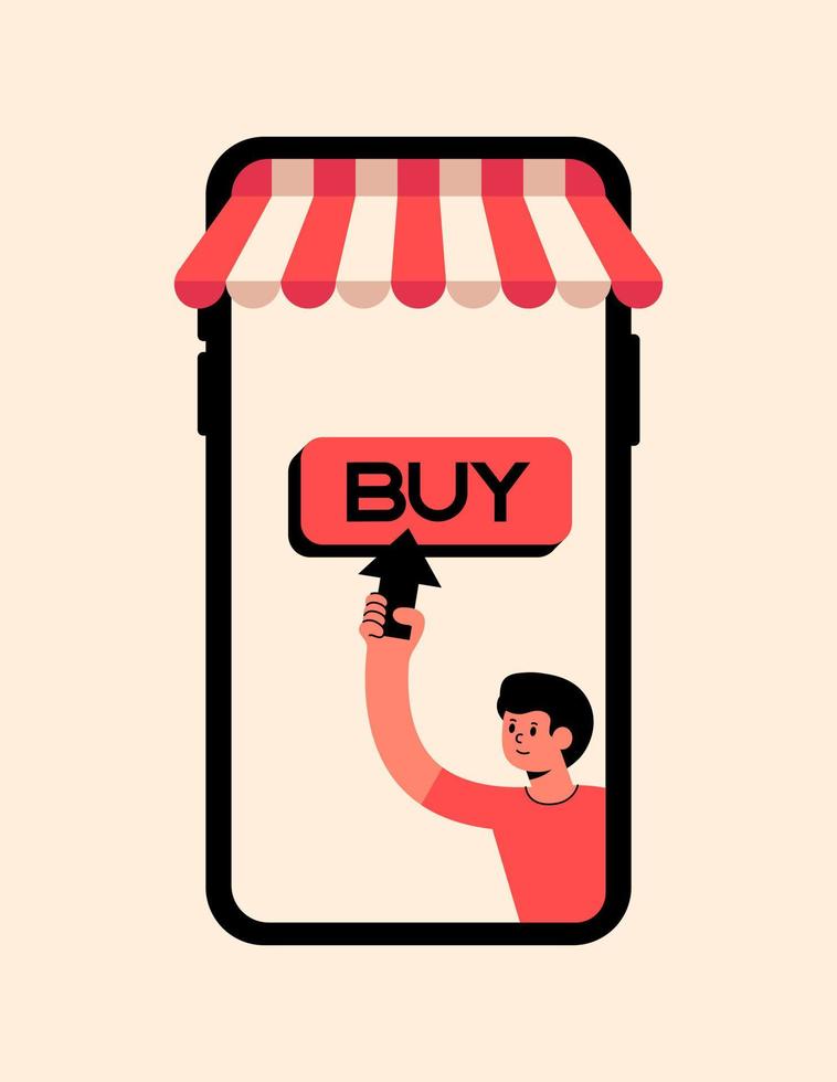 conceito abstrato de compras on-line móvel com homem segure a seta e pressione o botão com texto comprar na tela ilustração vetorial de telefone inteligente vetor