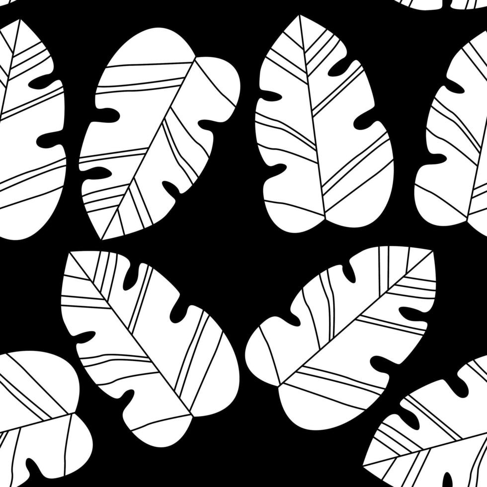 padrão sem emenda botânico preto e branco. padrão de folhas estilizadas. fundo preto vetor