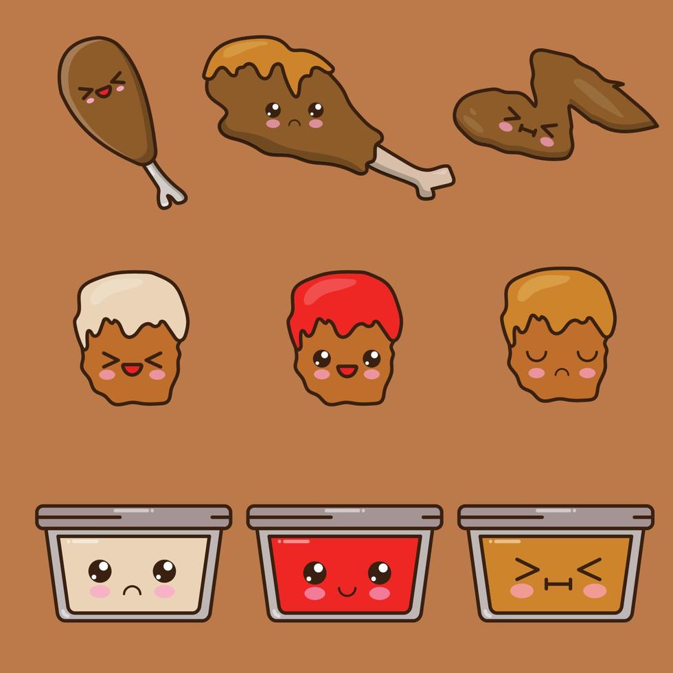 um conjunto de comida kawaii de ilustração feita de frango vetor
