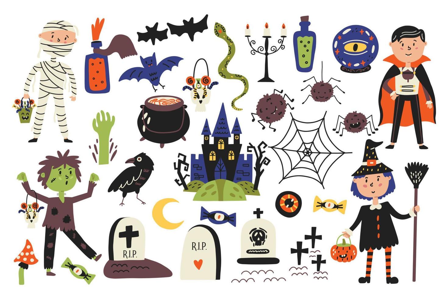 lindo grande conjunto de personagens e itens de halloween vetor