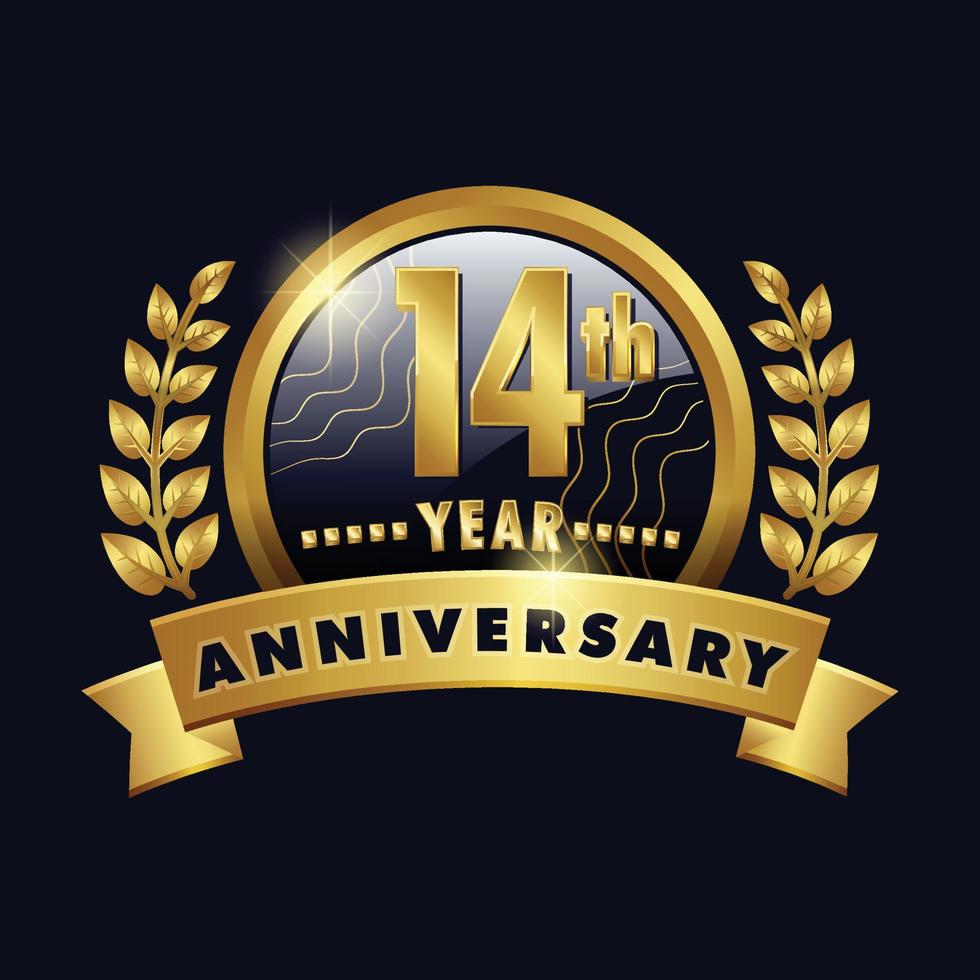 14º aniversário logotipo dourado décimo quarto ano distintivo com fita número quatorze, design de vetor de coroa de louros