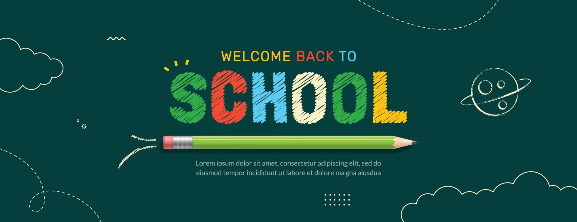 volta ao banner horizontal da escola com letras coloridas. cursos on-line, modelo de página da web de aprendizado e tutoriais. conceito de educação online vetor