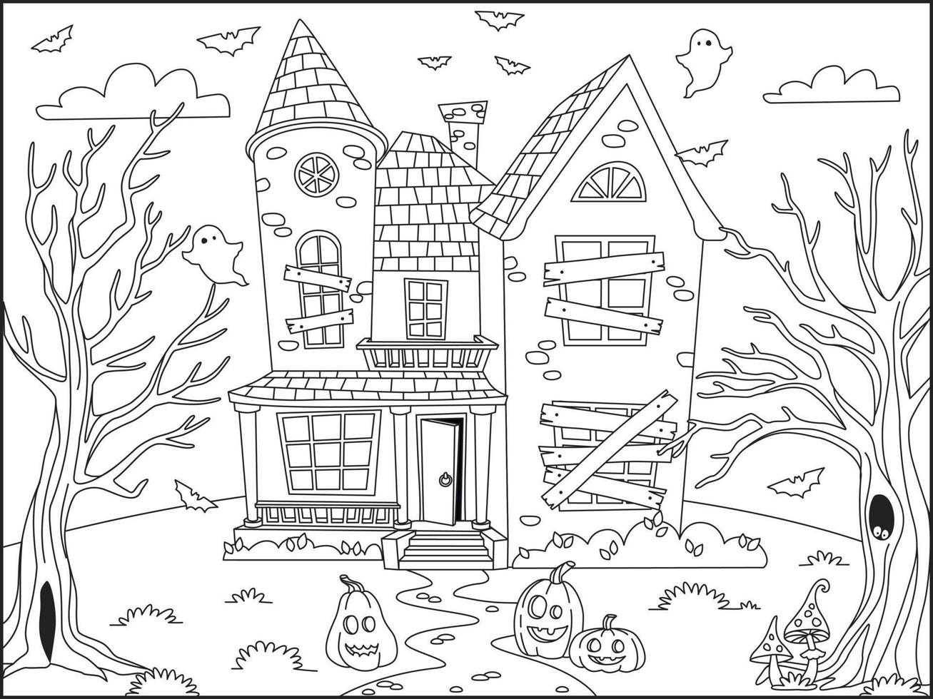 desenho de fundo de halloween com casa assombrada delineada para colorir vetor