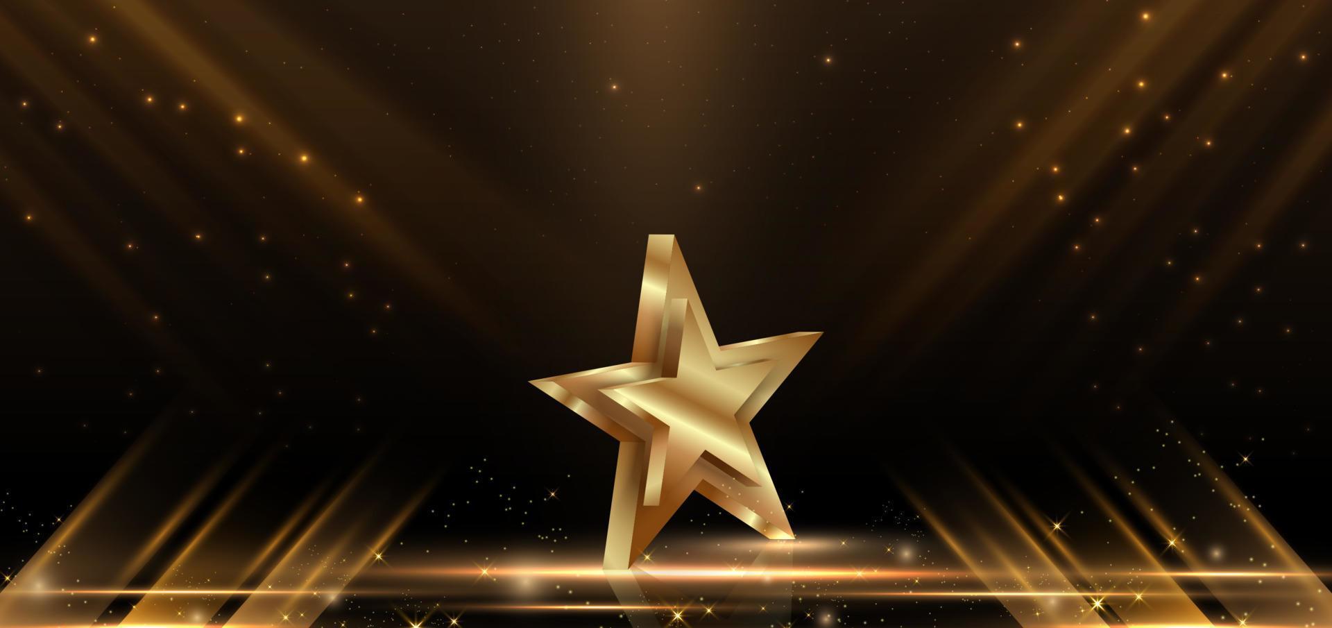 ouro estrela 3d elegante abstrato com brilho de cena diagonal de efeito de iluminação em fundo preto. vetor