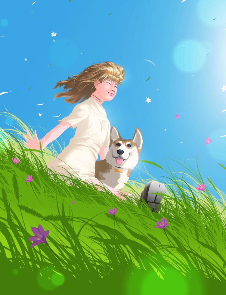 uma garotinha está sentada em um prado com seu cachorro e apreciando a bela natureza e a luz do sol na frente dela. vetor