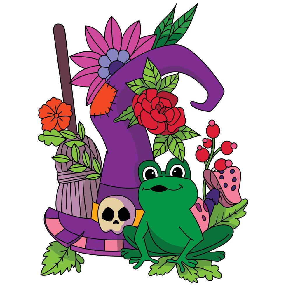 um grande chapéu de bruxa com um sapo verde em uma folha de vassoura de bruxa flores cogumelo ilustração de coloração fofa vetor