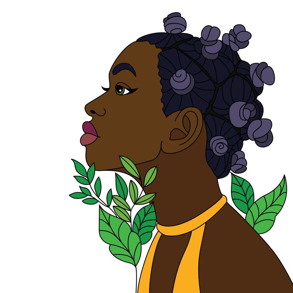 mulher negra bantu knots penteado moderno afro girl penteado vector ilustração para colorir