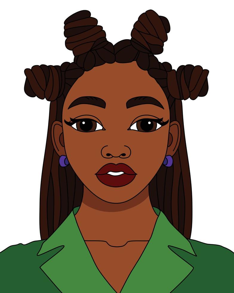 mulher negra africana, nós bantu, penteado, moderno, menina afro, penteado, vetor, ilustração para colorir vetor