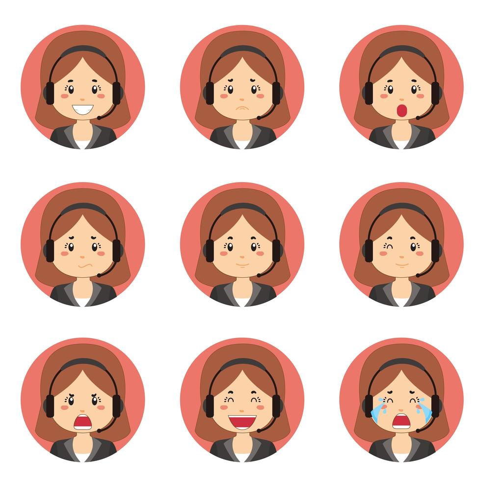 avatar de serviço ao cliente feminino com várias expressões vetor