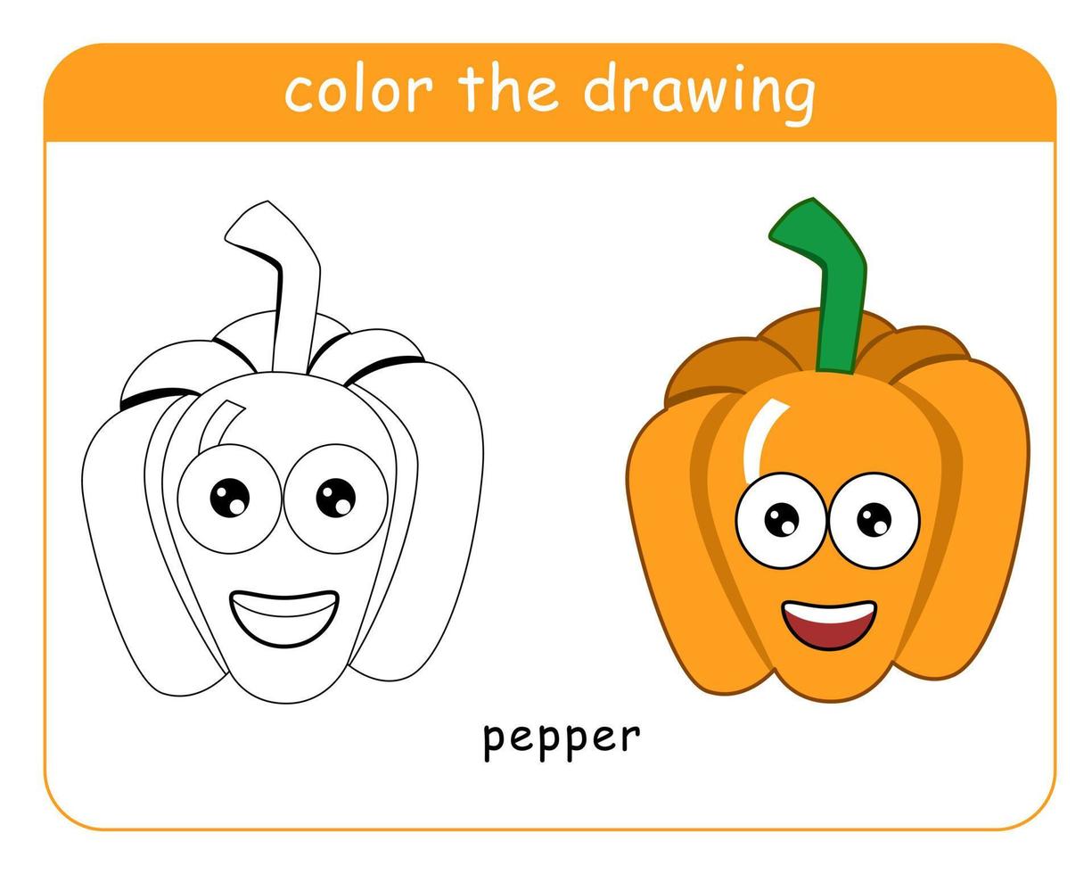 livro de colorir para crianças. personagem de pimenta búlgara em cores e preto e branco. vetor