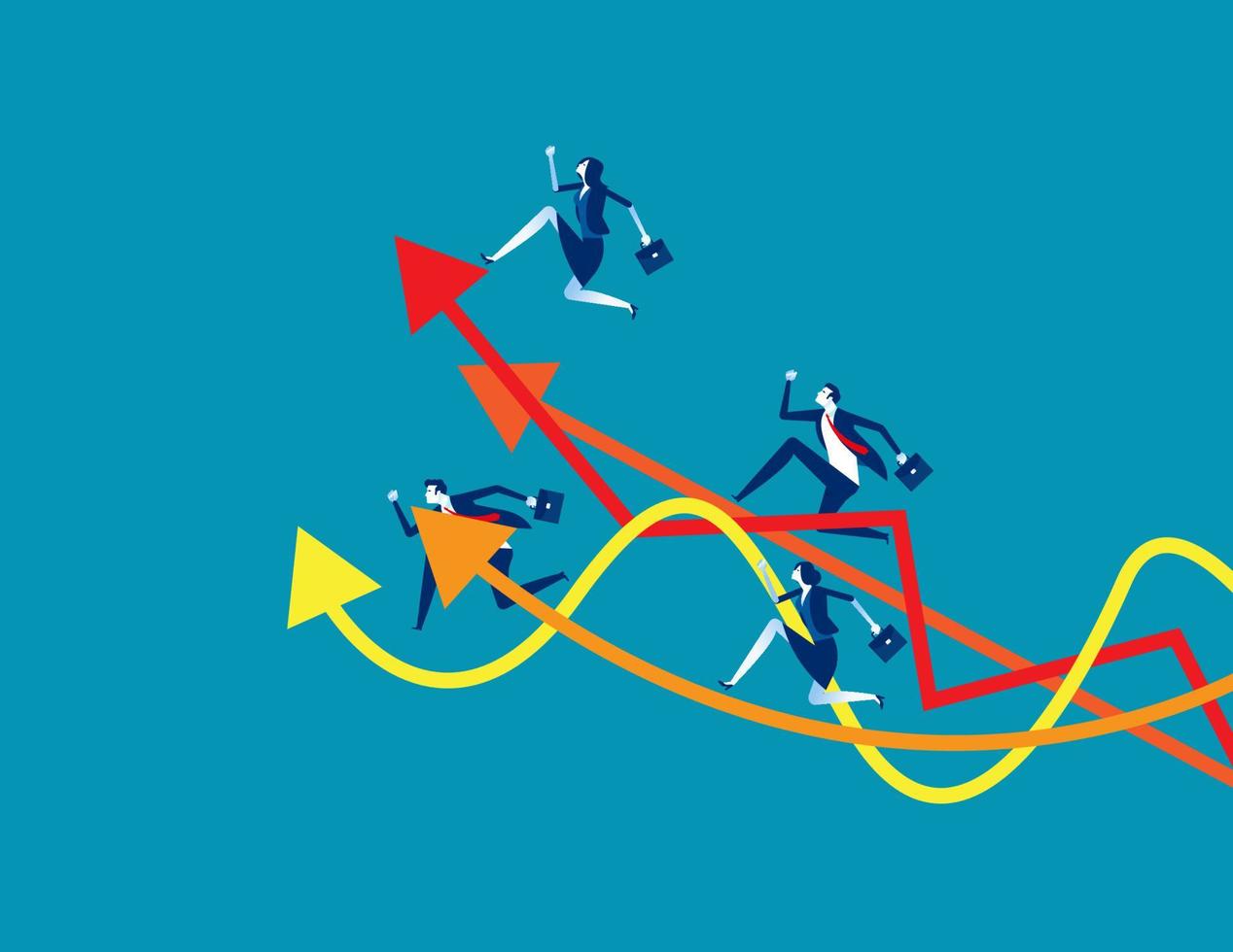 equipe de negócios correndo até o gráfico. ilustração em vetor bem sucedido de negócios conceito, crescimento, desenvolvimento