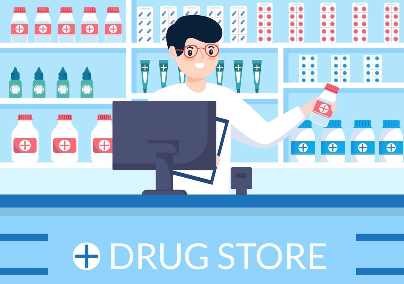 modelo de farmácia loja de ilustração plana de desenhos animados desenhados à mão para a venda de medicamentos, farmacêutico, medicamento, cápsulas e garrafa vetor