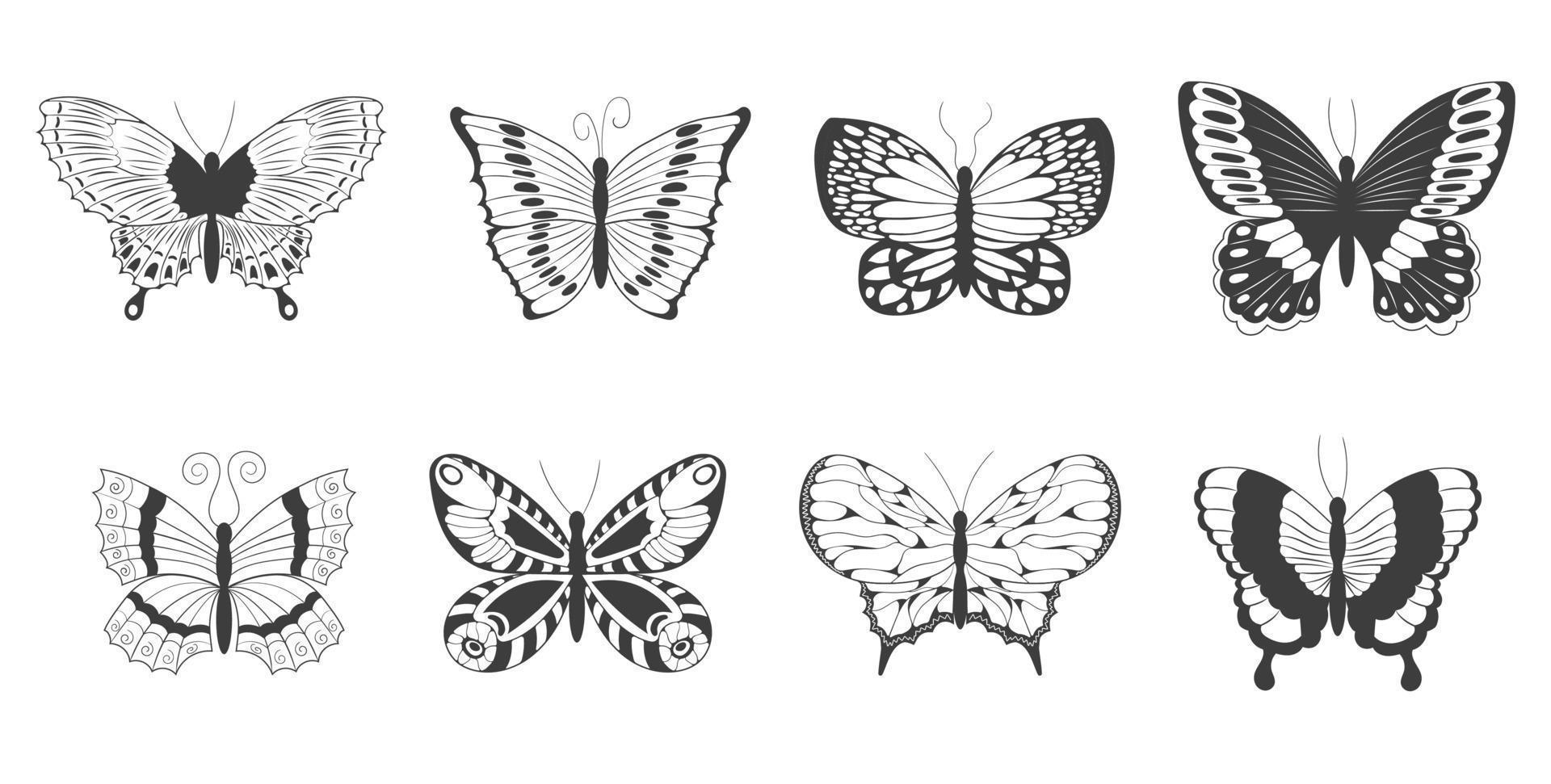 coleção silhueta preta abstrata de borboletas fofas isoladas no fundo branco vetor