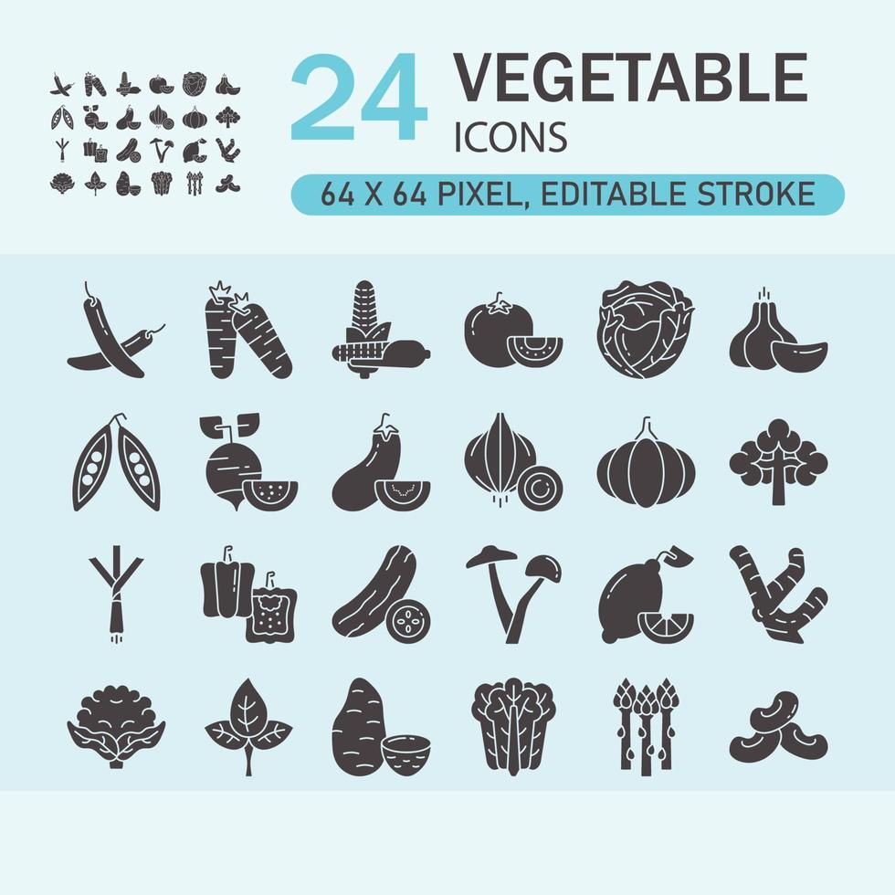 conjunto de ícones de ícones sólidos de vetor de legumes. contém ícones como comida saudável. traço editável. 64x64 pixels perfeito.