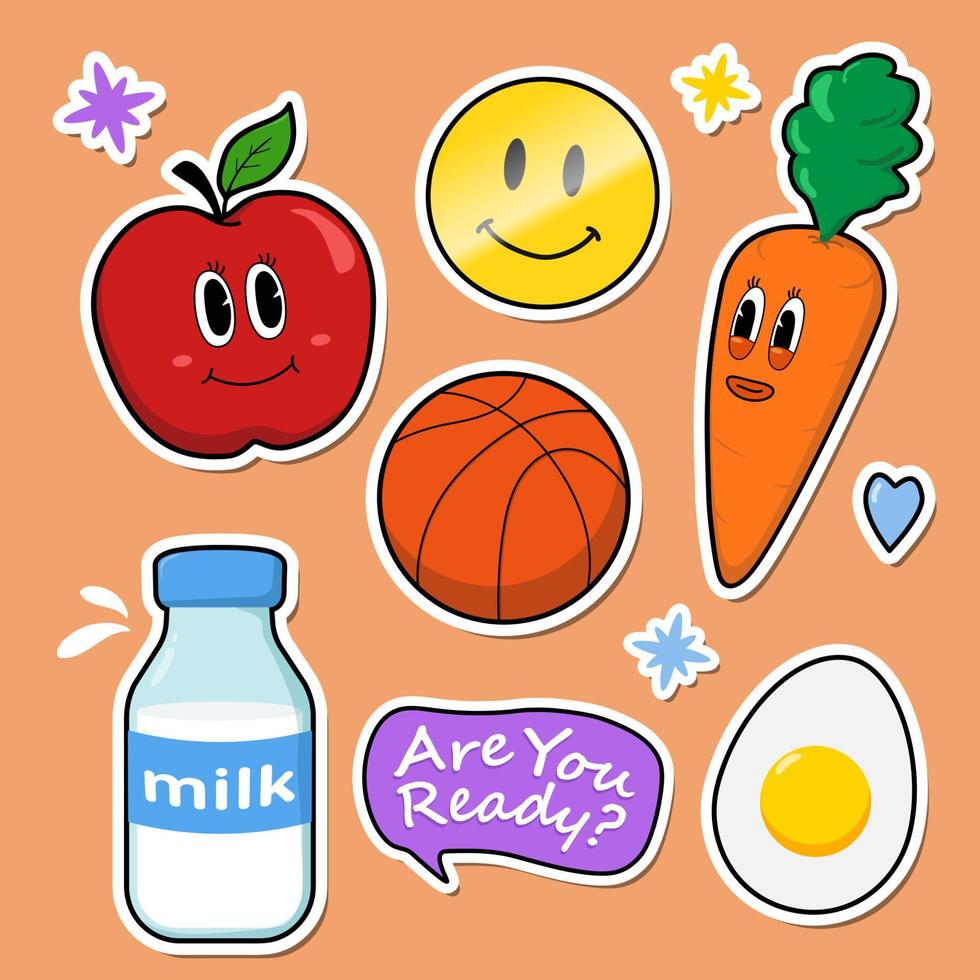 adesivo de doodle colorido, adesivo de doodle de comida saudável, personagem, adesivo vintage, frutas, vegan vetor