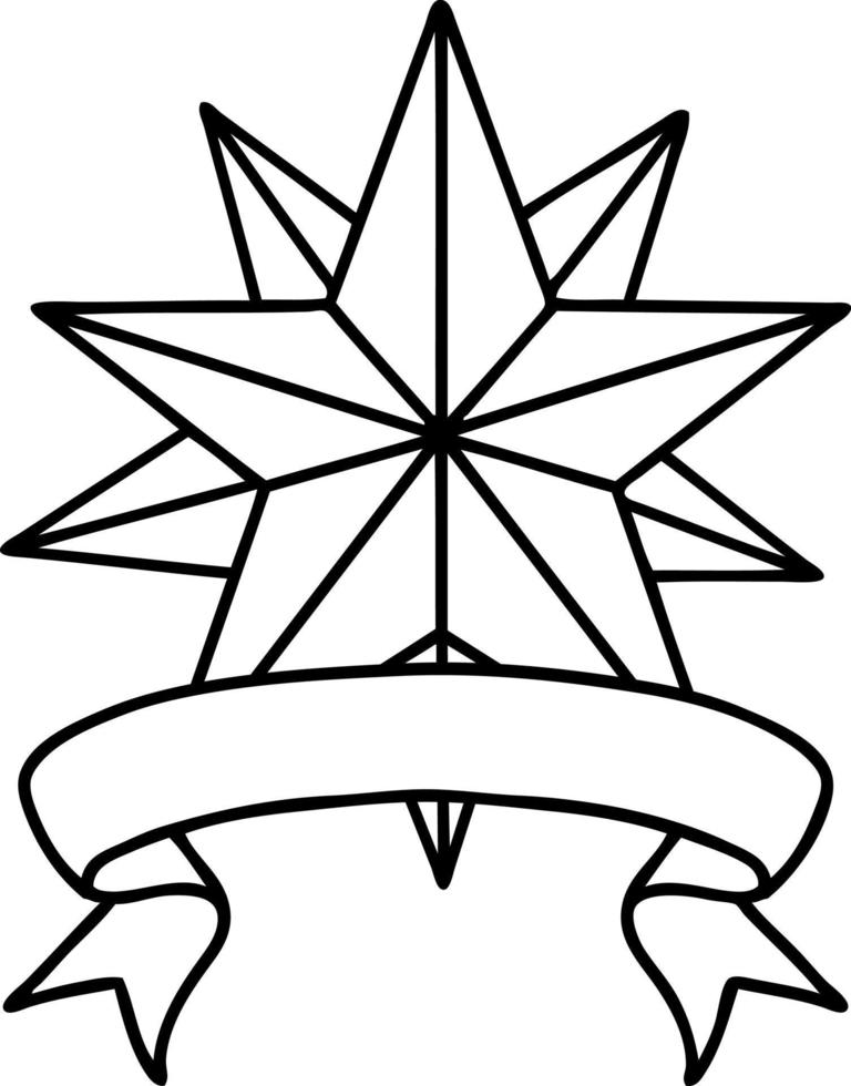 tatuagem de linha preta tradicional com banner de uma estrela vetor