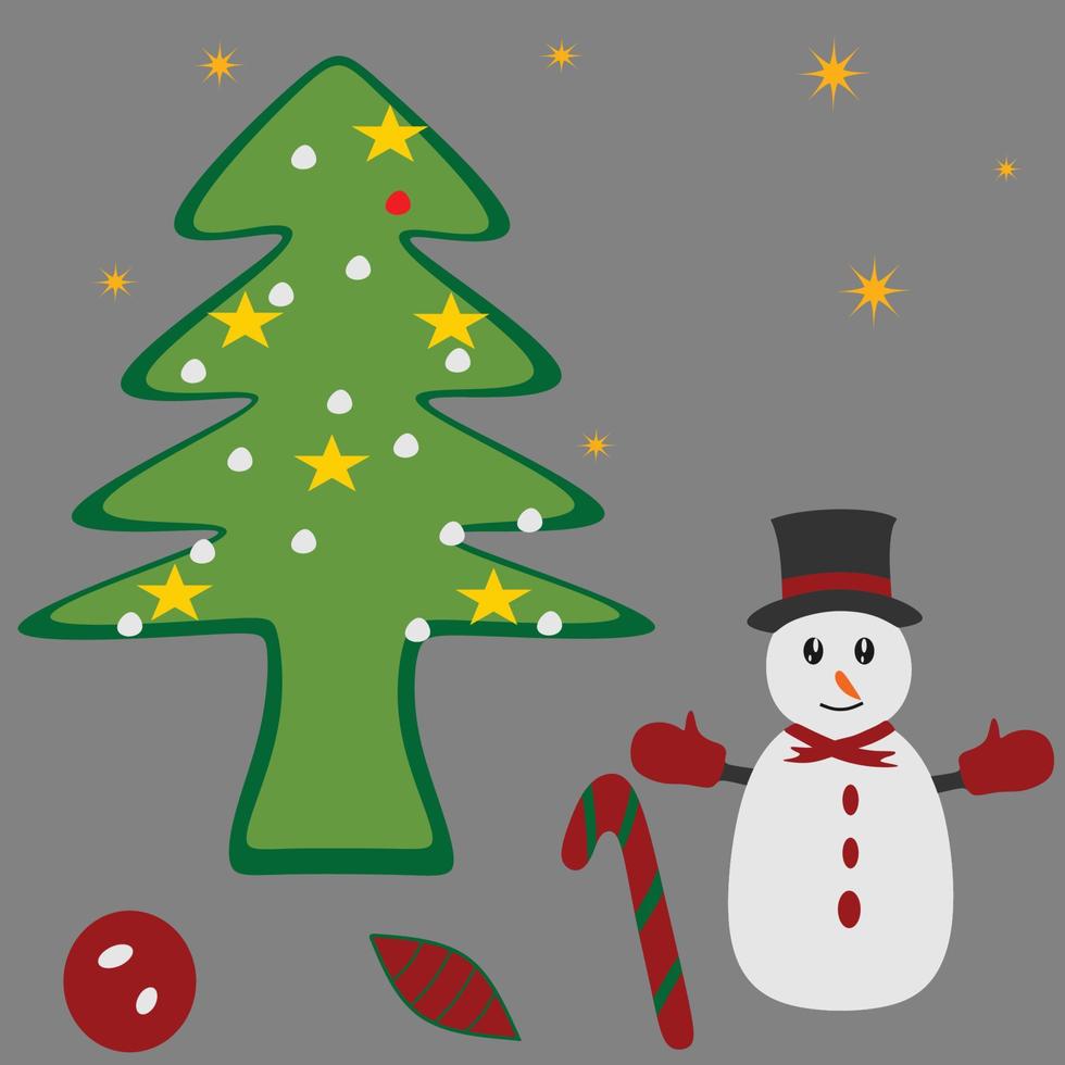 enfeite de natal com árvore de natal, boneco de neve e acessórios, deixe nevar para cartão de natal, saco de presente ou design de caixa vetor