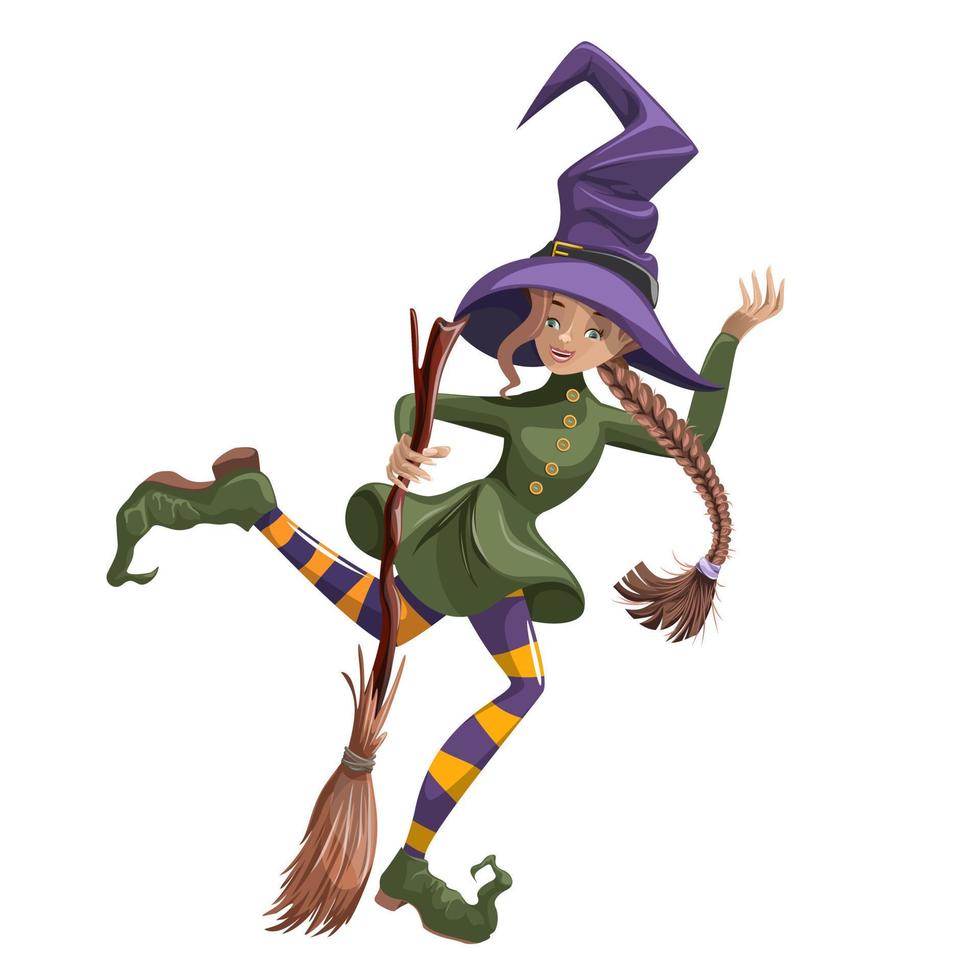 imagem vetorial de uma jovem bruxa com um broom.halloween. conceito. estilo de desenho animado. isolado no fundo branco. eps 10 vetor