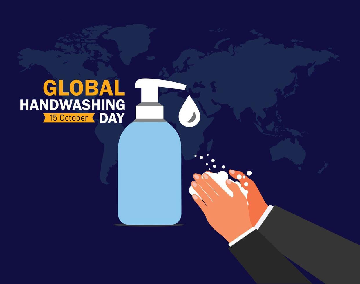 Dia Mundial da Lavagem das Mãos. 15 de outubro. ícone de coronavírus. lavar as mãos com água da torneira e fundo do mapa do mundo. ilustração vetorial. vetor