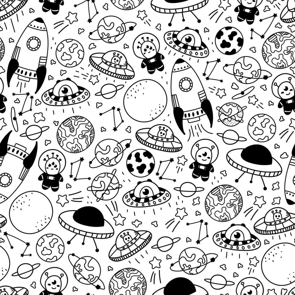 padrão de crianças de espaço sem costura em estilo doodle com naves espaciais, alienígenas e planetas em fundo branco para papel de embrulho vetor