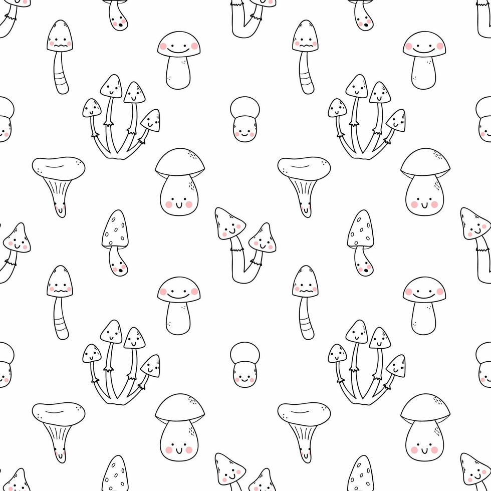 cogumelos fofos padrão sem emenda. fundo para costurar roupas de bebê ou impressão em tecido. berçário de papel de parede. papel de embrulho com personagens engraçados. vetor