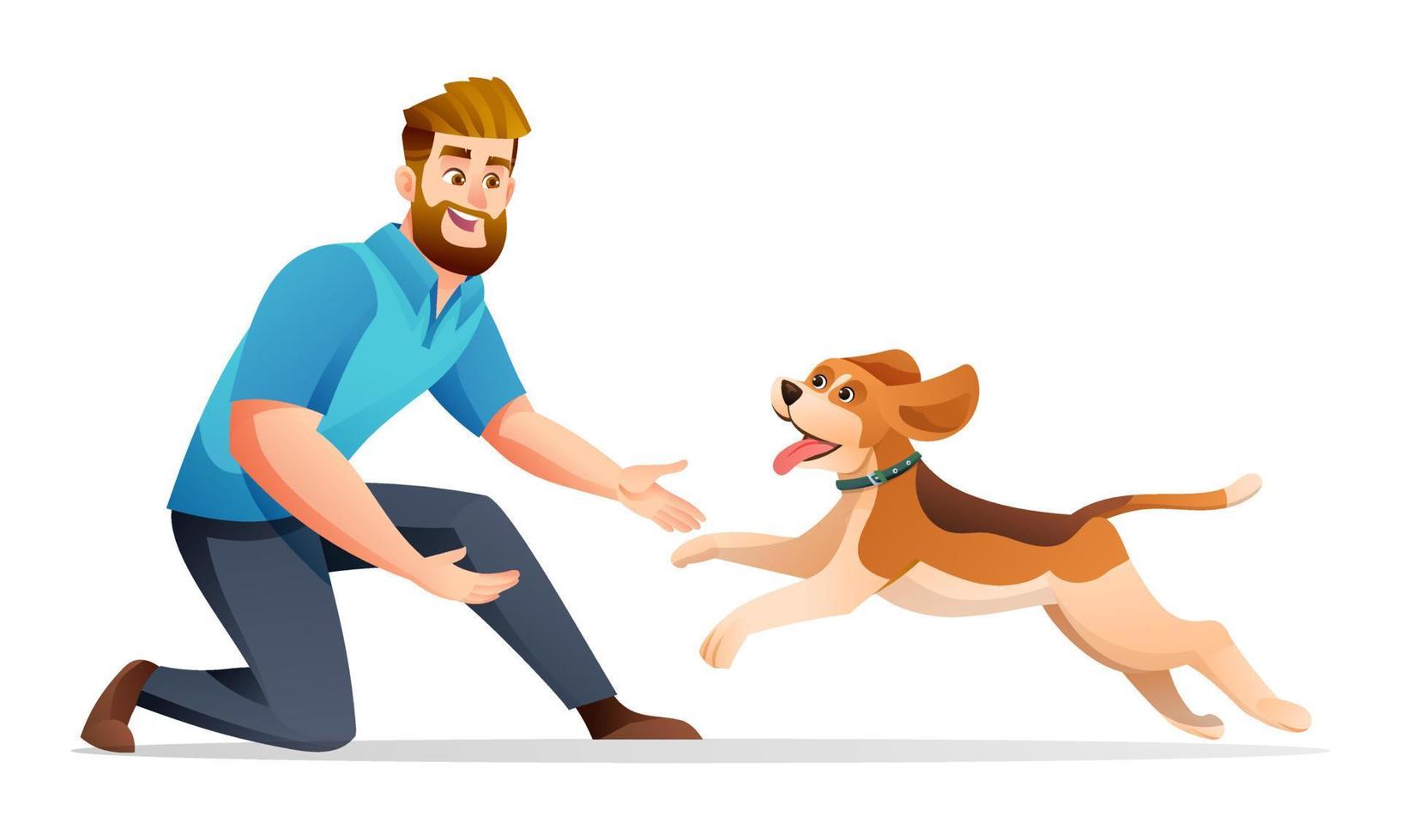 homem brincando com sua ilustração de desenho animado de cachorro amado vetor