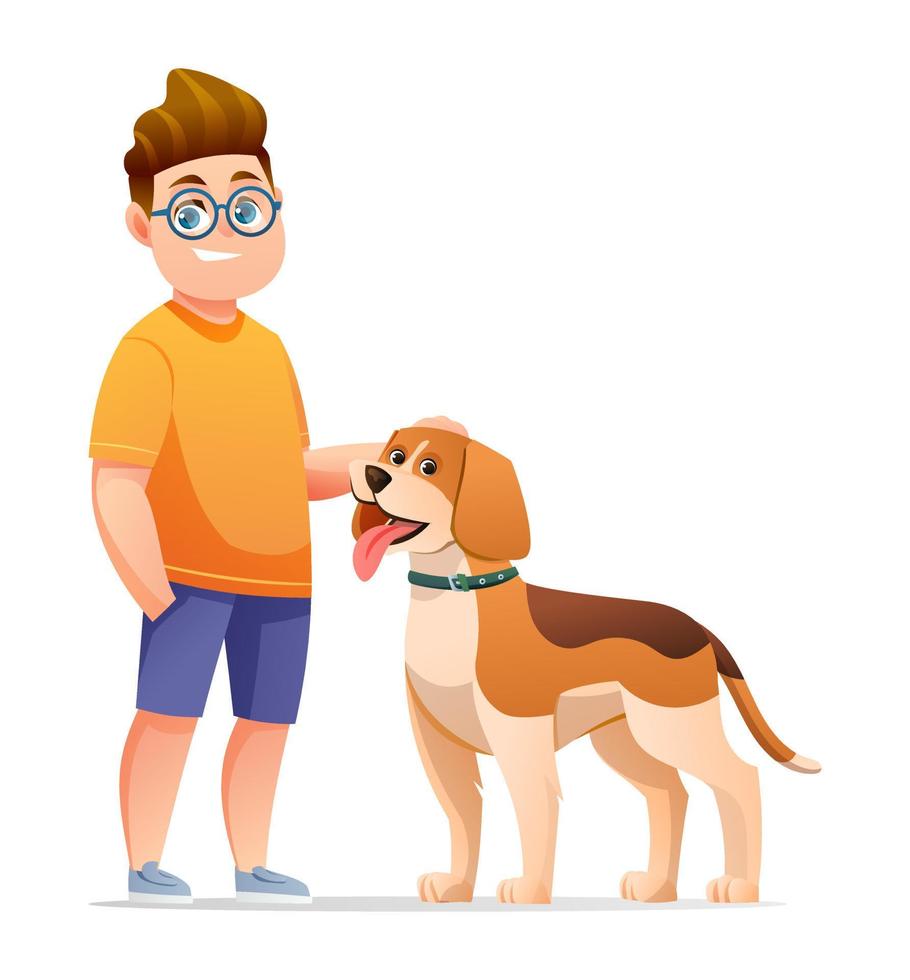 menino com sua ilustração de desenho animado de cachorro beagle vetor