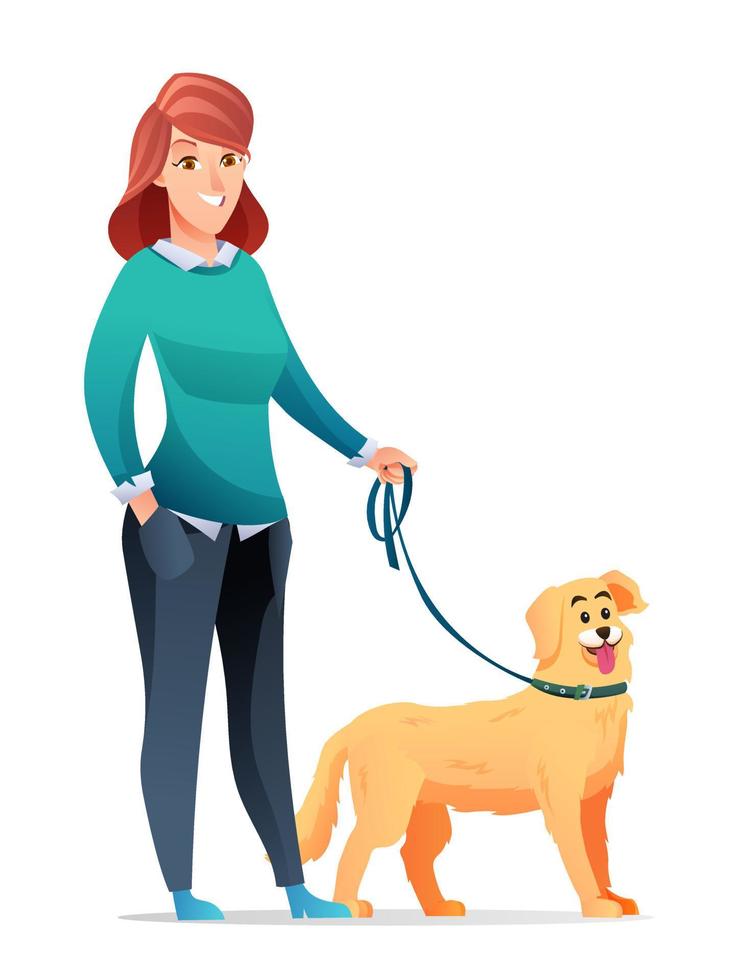 mulher com sua ilustração de desenho animado de cachorro amado vetor