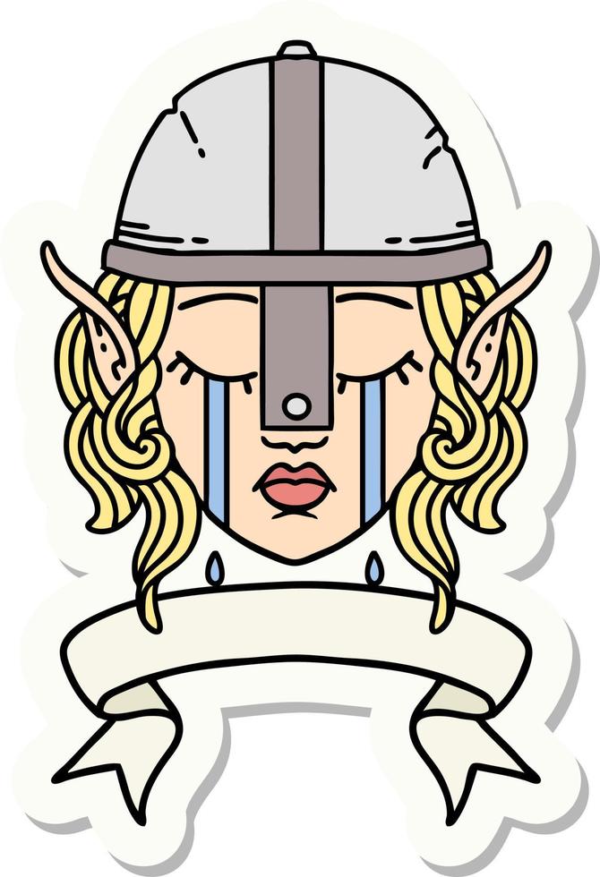 adesivo de um rosto de personagem de lutador elfo chorando com banner vetor