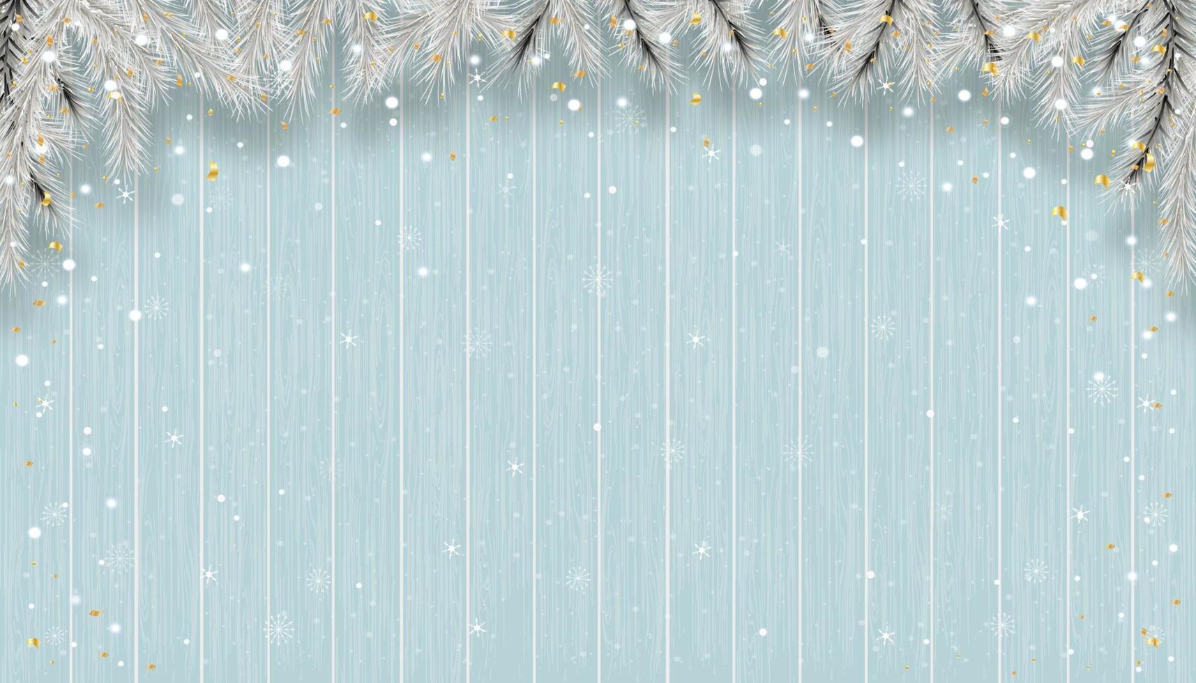 fundo de natal com flocos de neve na textura de madeira azul, cena de inverno vetorial com nevando na textura do painel de madeira, pano de fundo de banner de exibição 3d para o ano novo 2023 ou promoção de natal vetor
