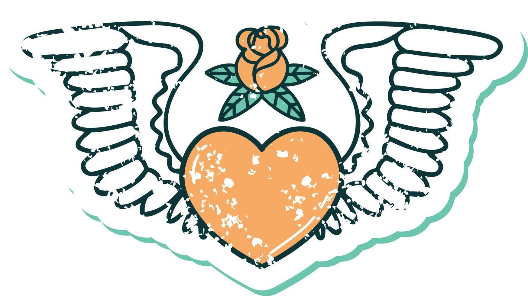 imagem icônica do estilo de tatuagem de adesivo angustiado de um coração com asas vetor