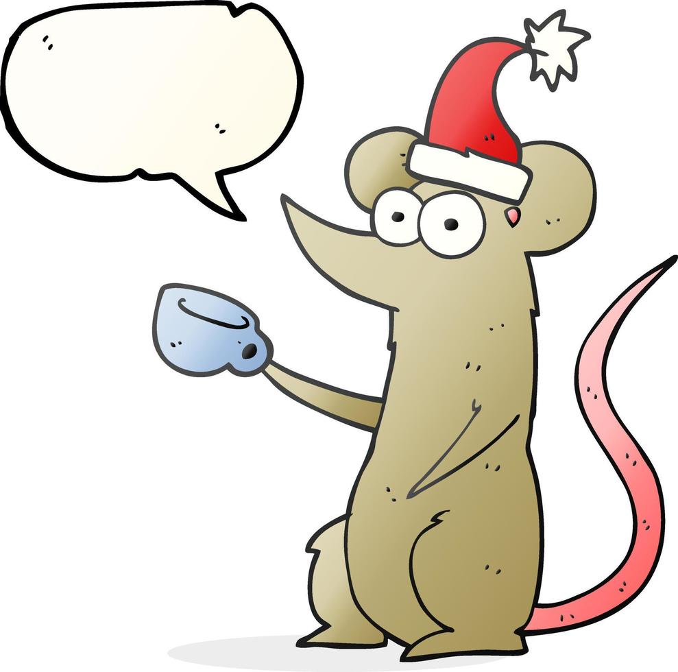 rato de desenho animado de bolha de fala desenhada à mão livre usando chapéu de natal vetor