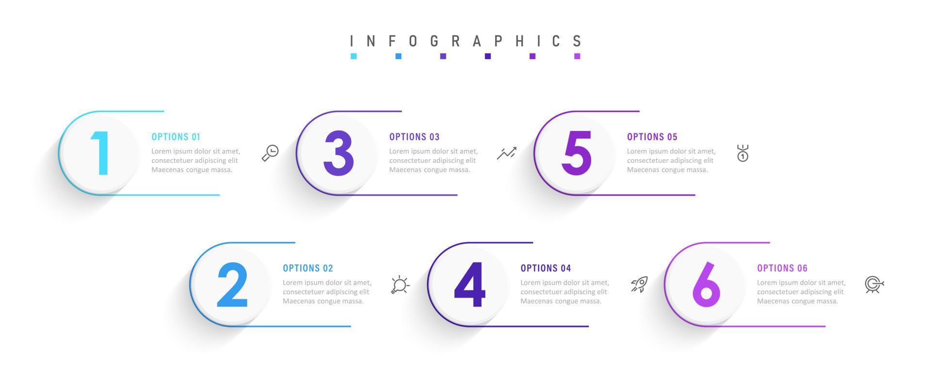 modelo de design de rótulo infográfico vetorial com ícones e 6 opções ou etapas. pode ser usado para diagrama de processo, apresentações, layout de fluxo de trabalho, banner, fluxograma, gráfico de informações. vetor