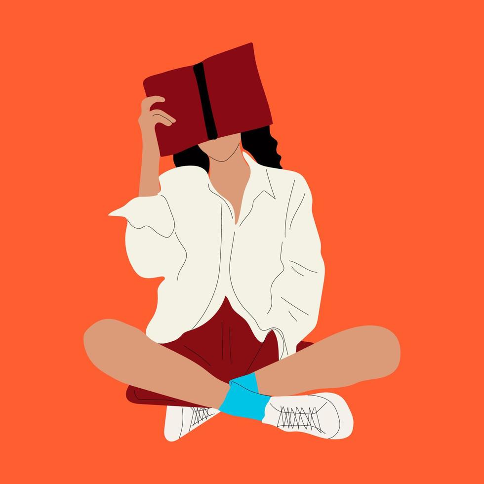 menina lendo um grande livro. jovem. leia mais o conceito de livros. ilustração na moda vetorial desenhada à mão vetor