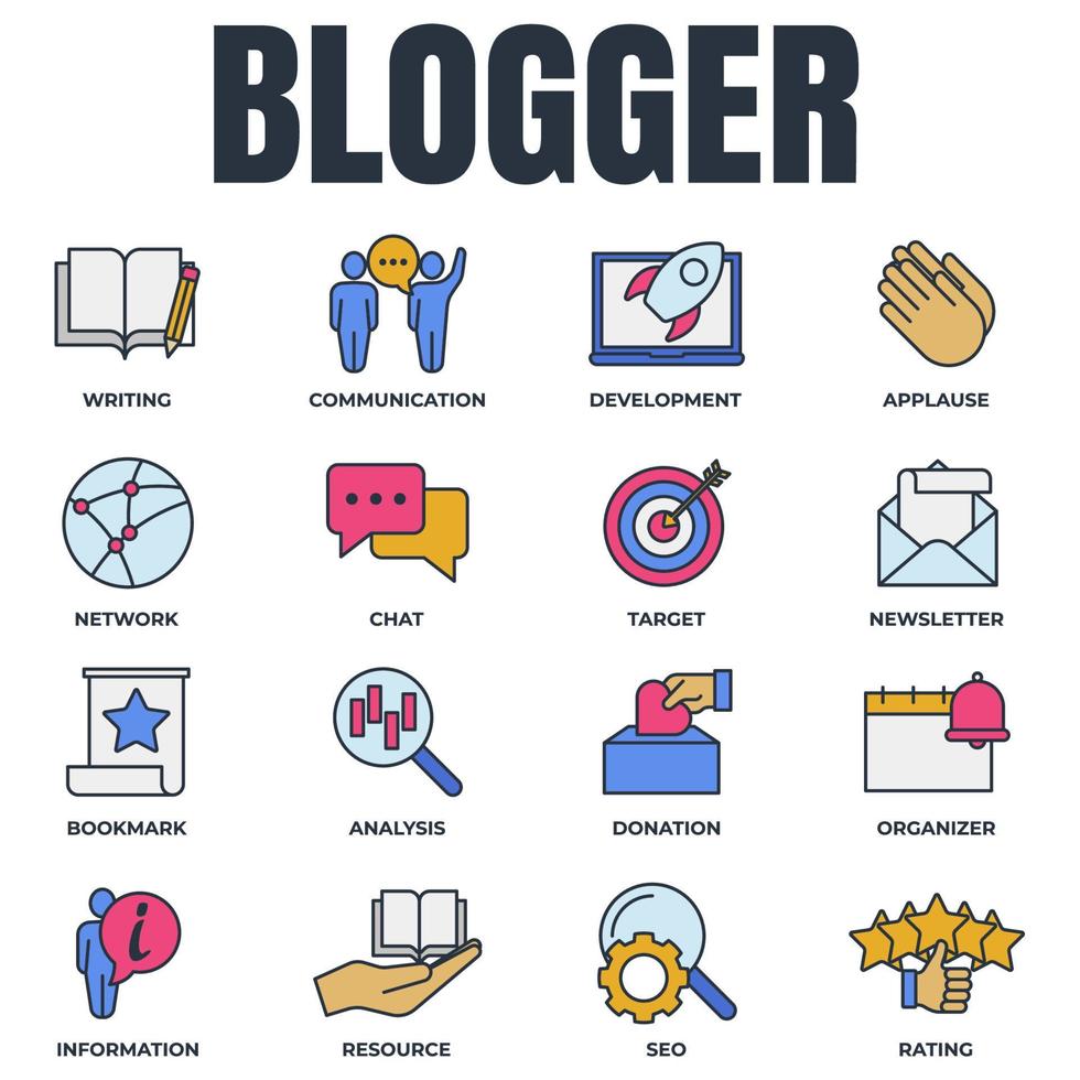 conjunto de blogueiro, blogging ilustração em vetor logotipo ícone. boletim informativo, alvo, comunicação, recurso, desenvolvimento, análise e mais modelo de símbolo de pacote para coleção de design gráfico e web