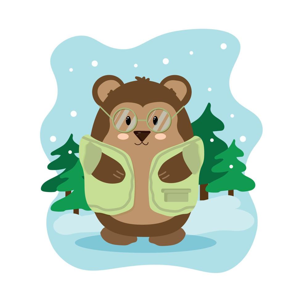 animais engraçados ilustração de inverno de natal engraçado de um urso urso em roupas quentes e óculos .. padrão de adesivo de cartão postal vetor