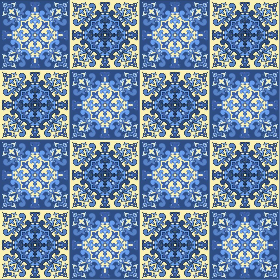 mão desenhando padrão perfeito para azulejo nas cores azuis e amarelas. vetor