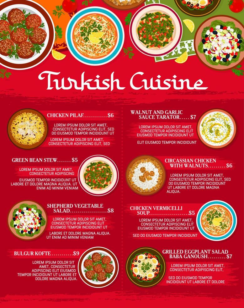 página de vetor de menu de refeições de restaurante de cozinha turca