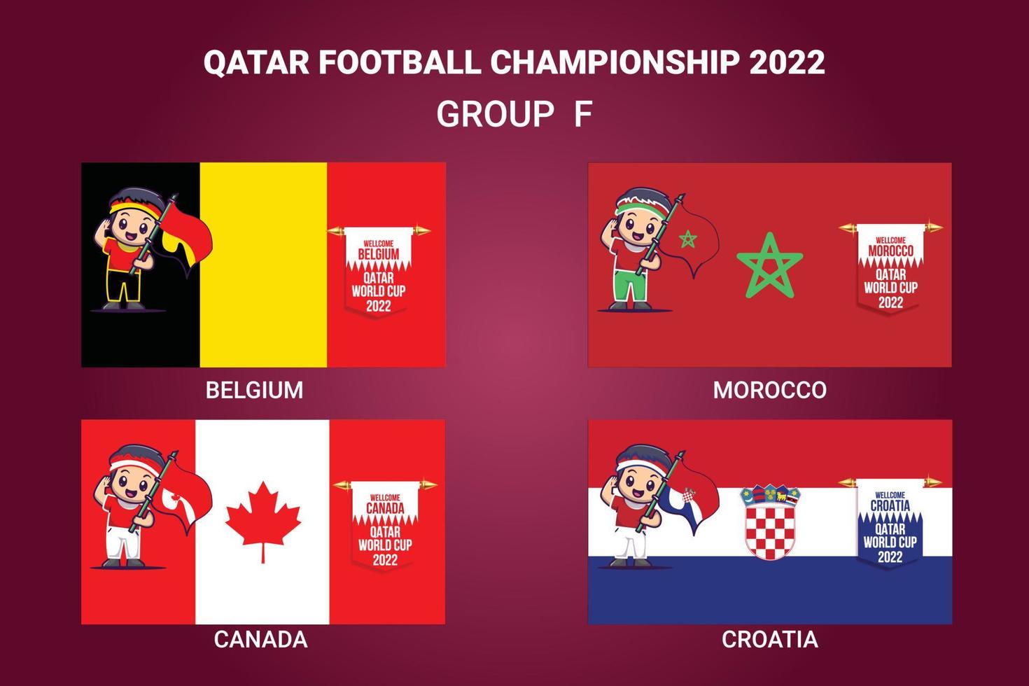 Campeonato de futebol do Catar 2022 bandeira de países qualificados com mascote vetor